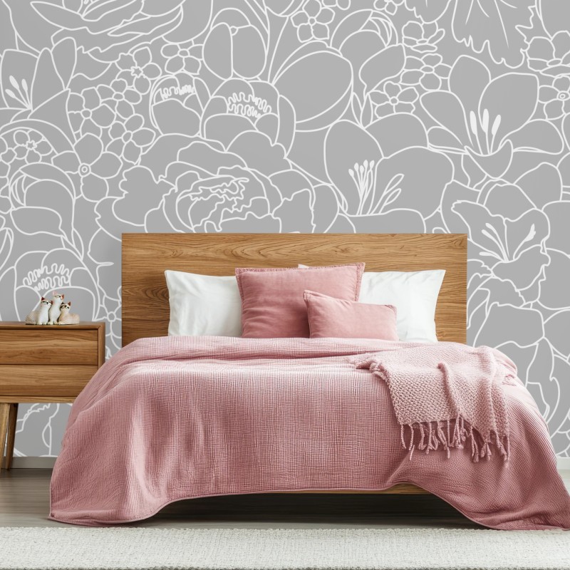 Fototapete subtiles graues blumenlinienmuster – Wallnifity®