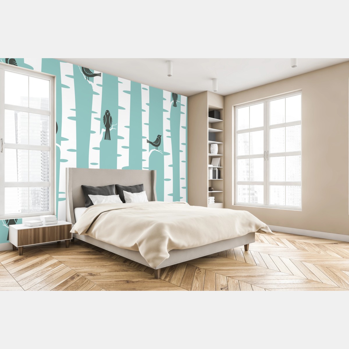 Fototapete türkis birkenwald mit vögeln – Wallnifity®
