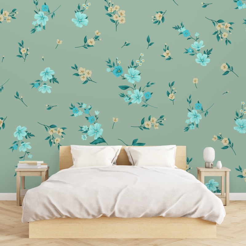 Fototapete pastell türkis blumenmuster auf salbeigrünem hintergrund – Wallnifity®