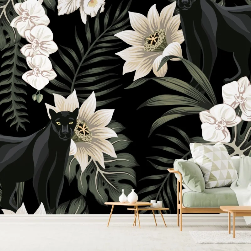 Fototapete botanisches muster mit schwarzem panther