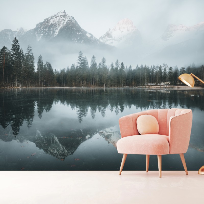 Fototapete neblige alpine spiegelung am ruhigen see – Wallnifity®