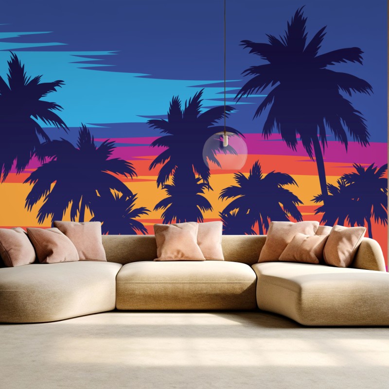 Fototapete bunter sonnenuntergang mit palmen – Wallnifity®
