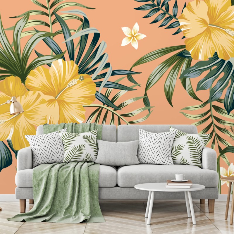 Fototapete tropisches hibiskusmuster auf pfirsichfarbenem hintergrund – Wallnifity®