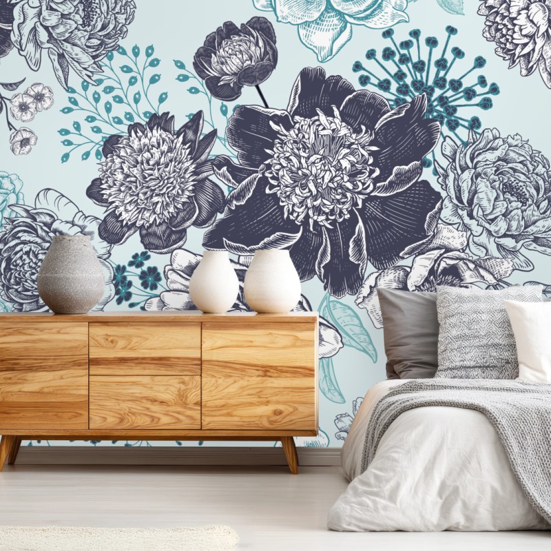 Fototapete blumiges peonienmuster in türkis und marineblau – Wallnifity®