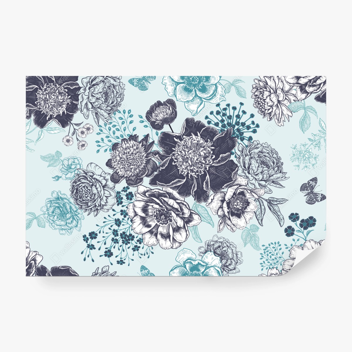 Fototapete blumiges peonienmuster in türkis und marineblau – Wallnifity®