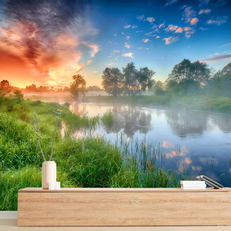 Fototapete nebel bei sonnenaufgang am flussufer – Wallnifity®