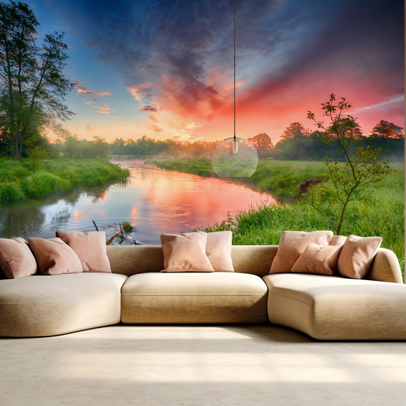 Fototapete sonnenaufgang über einem nebligen flussufer – Wallnifity®