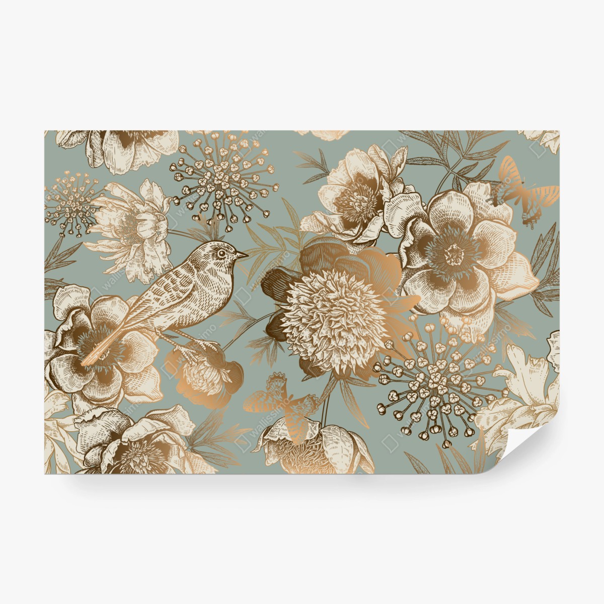 Fototapete vintage botanisches blumenmotiv mit vogel – Wallnifity®