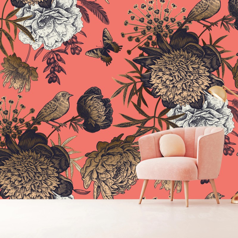 Fototapete vintage blumenmuster mit vögeln auf korallenhintergrund – Wallnifity®