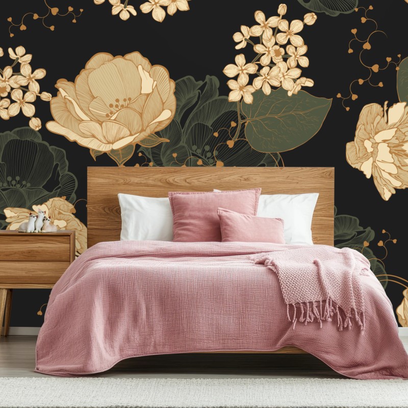 Fototapete goldene pfingstrosen vor dunklem botanischem hintergrund – Wallnifity®