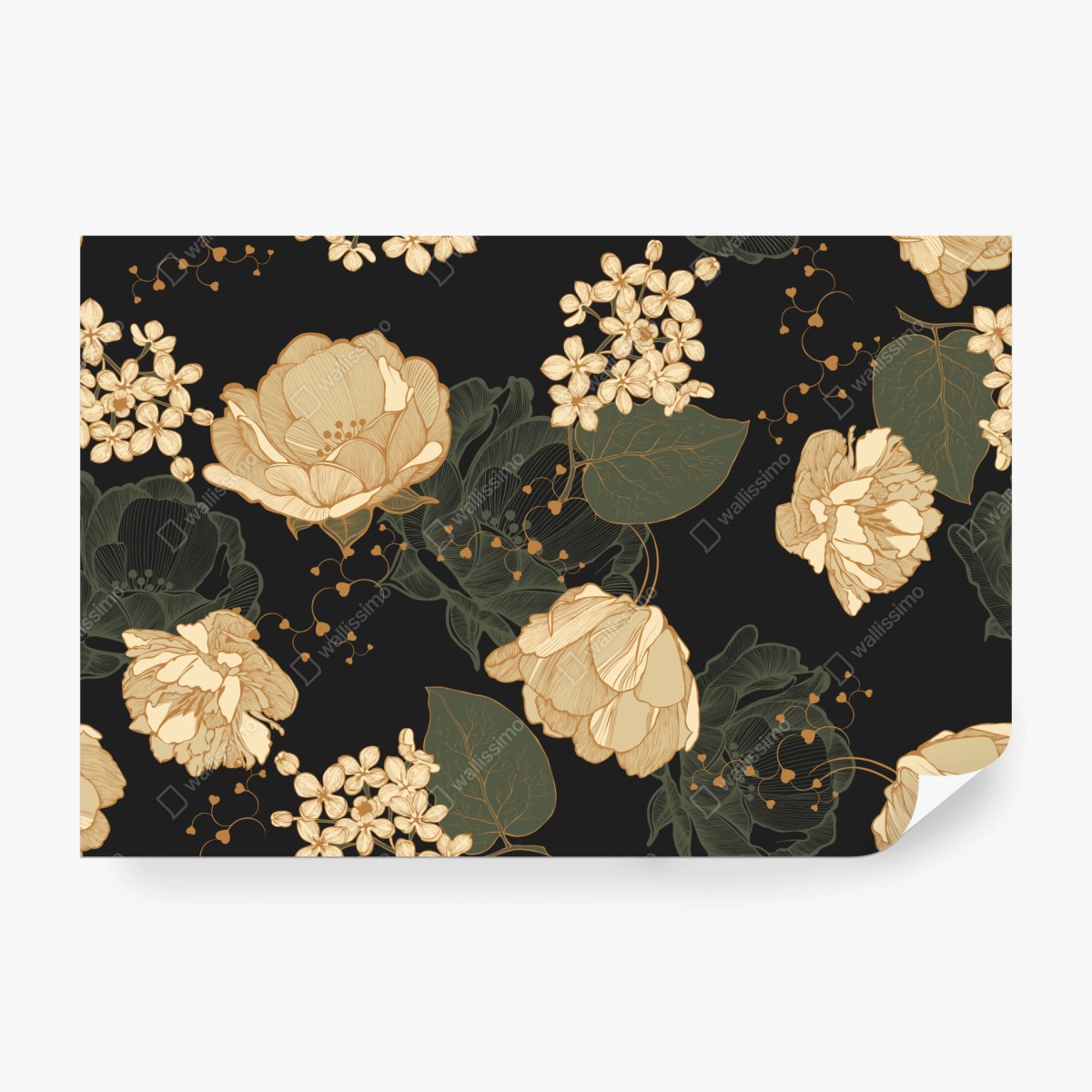 Fototapete goldene pfingstrosen vor dunklem botanischem hintergrund – Wallnifity®