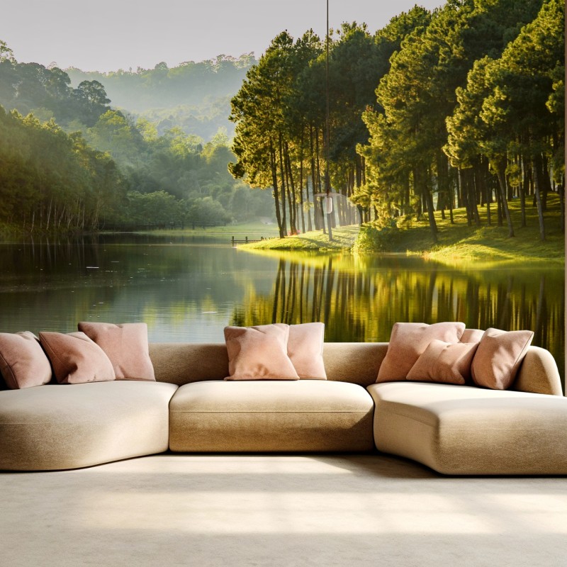 Fototapete ruhiger kiefernwald am stillen see – Wallnifity®