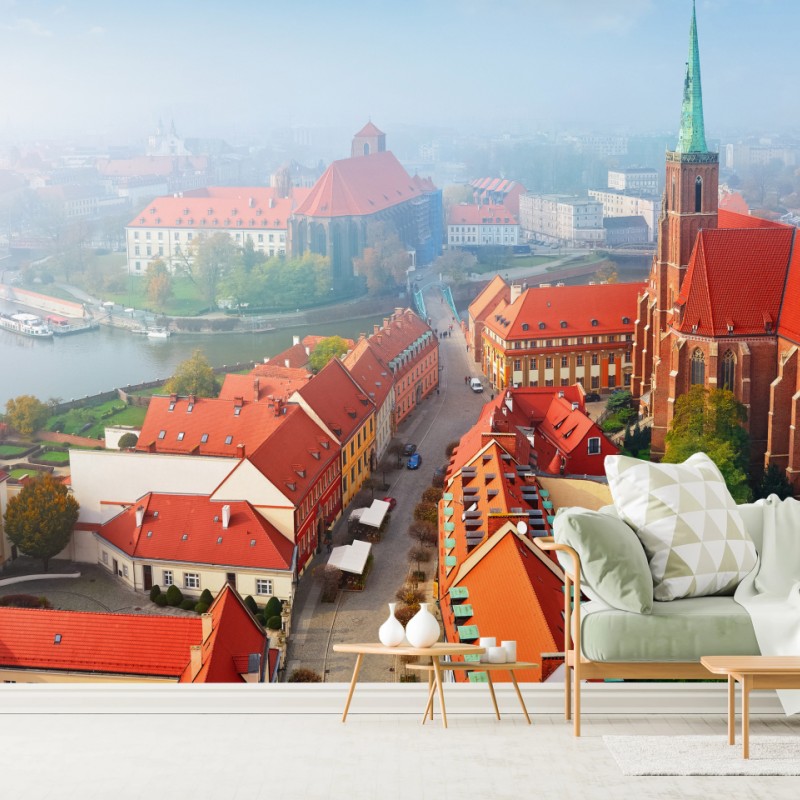 Fototapete neblige europäische stadtszene mit roten dächern – Wallnifity®