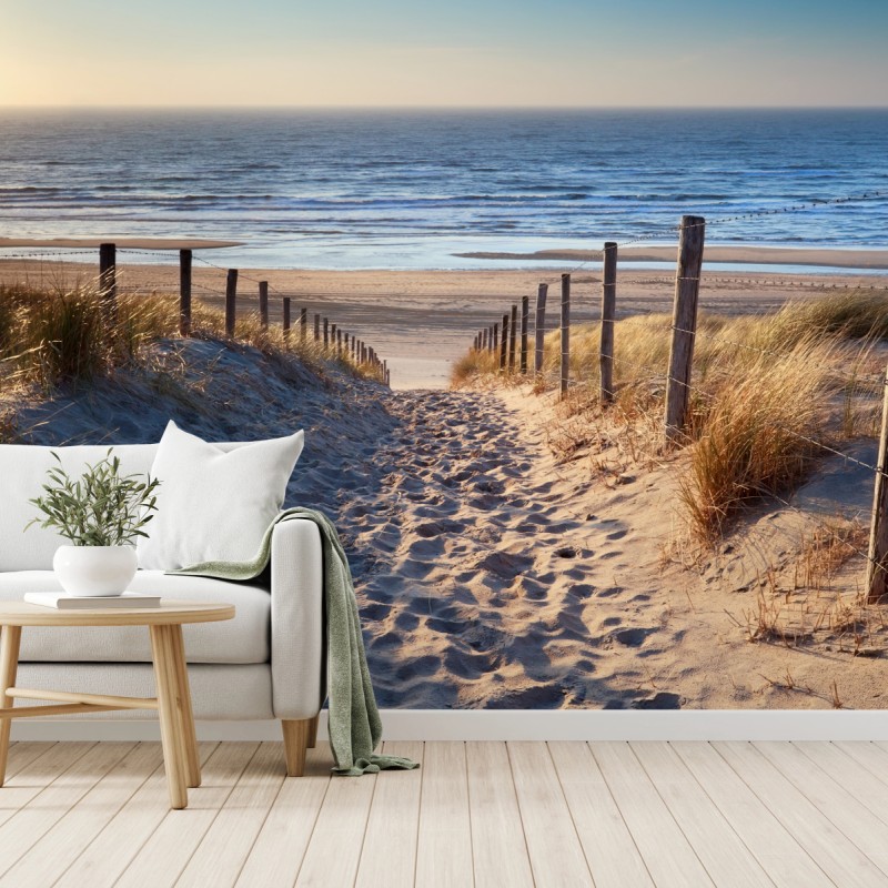 Fototapete weg zum strand der Nordsee im goldenen sonnenuntergang – Wallnifity®