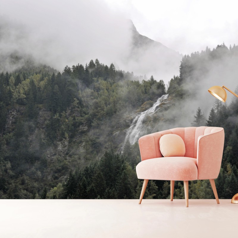 Fototapete nebliger wasserfall im bergwald – Wallnifity®