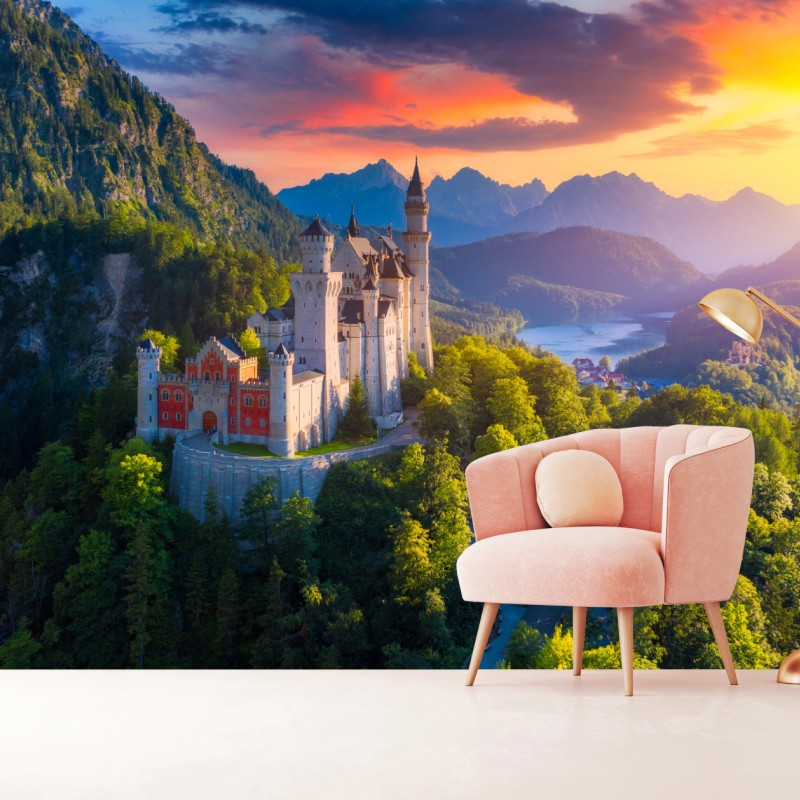 Fototapete schloss Neuschwanstein bei sonnenuntergang – Wallnifity®