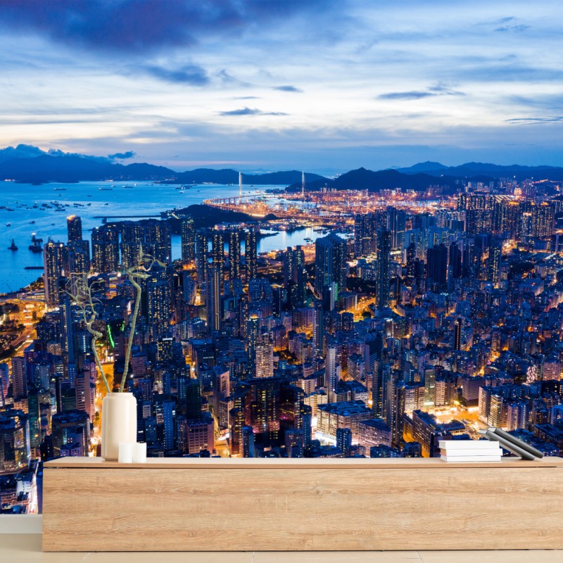 Fototapete Hongkong skyline über Mong Kok bei dämmerung – Wallnifity®