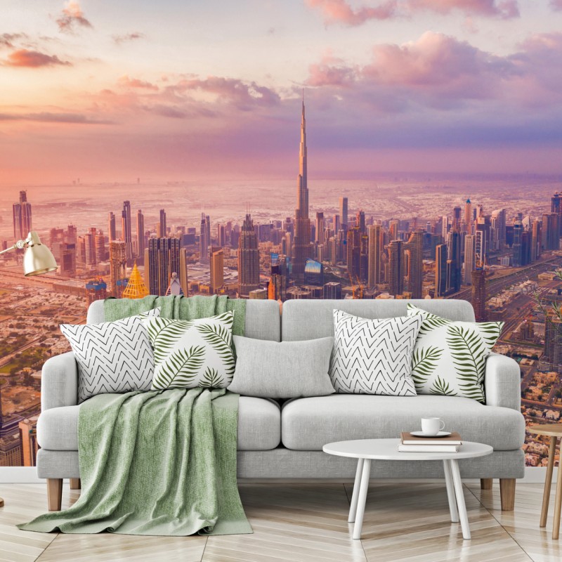 Fototapete sonnenuntergang über der skyline von Dubai mit Burj Khalifa – Wallnifity®