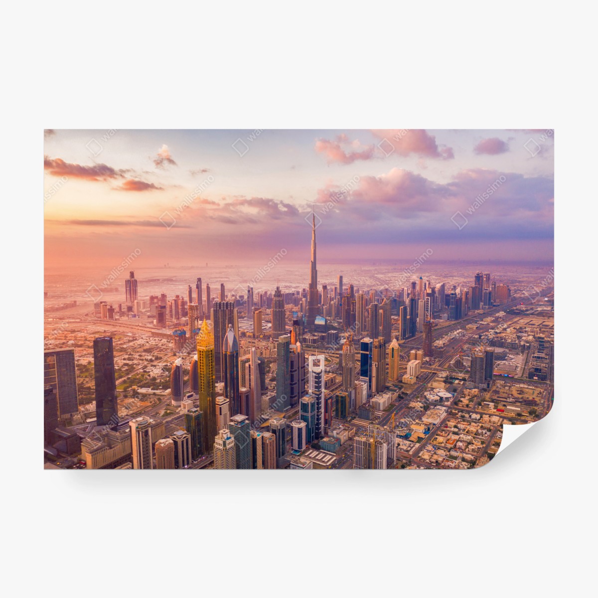 Fototapete sonnenuntergang über der skyline von Dubai mit Burj Khalifa – Wallnifity®