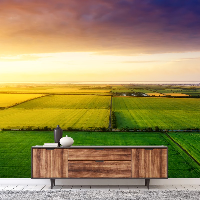 Fototapete sonnenuntergang über grünen feldern – Wallnifity®