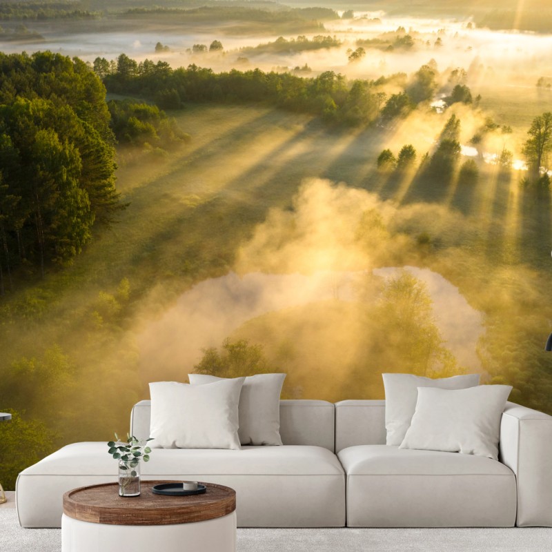 Fototapete goldener morgen über nebligem fluss – Wallnifity®