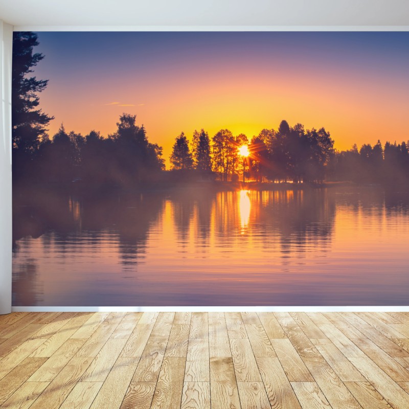 Fototapete nebliger sonnuntergang am see – Wallnifity®