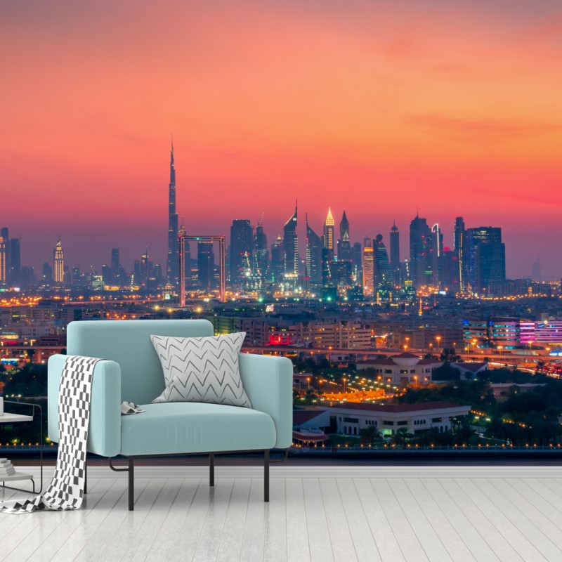 Fototapete Dubai skyline bei sonnenuntergang – Wallnifity®