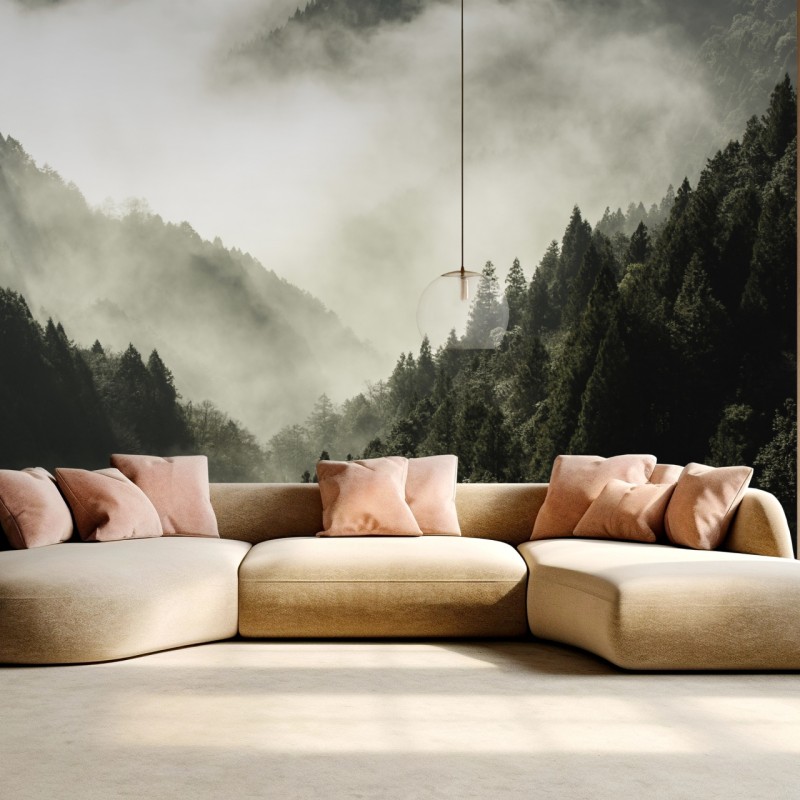 Fototapete nebliges bergtal im wald – Wallnifity®