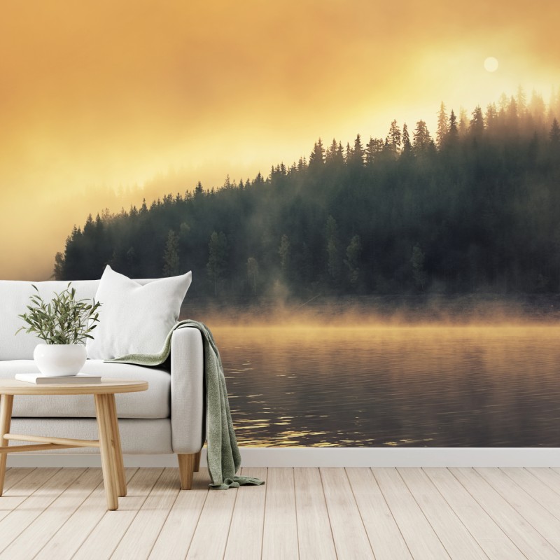 Fototapete nebeliger goldener sonnenaufgang über waldsee – Wallnifity®