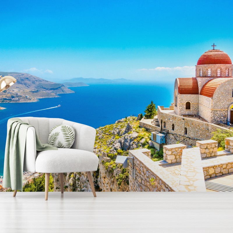 Fototapete griechische kirche auf klippe über dem meer – Wallnifity®