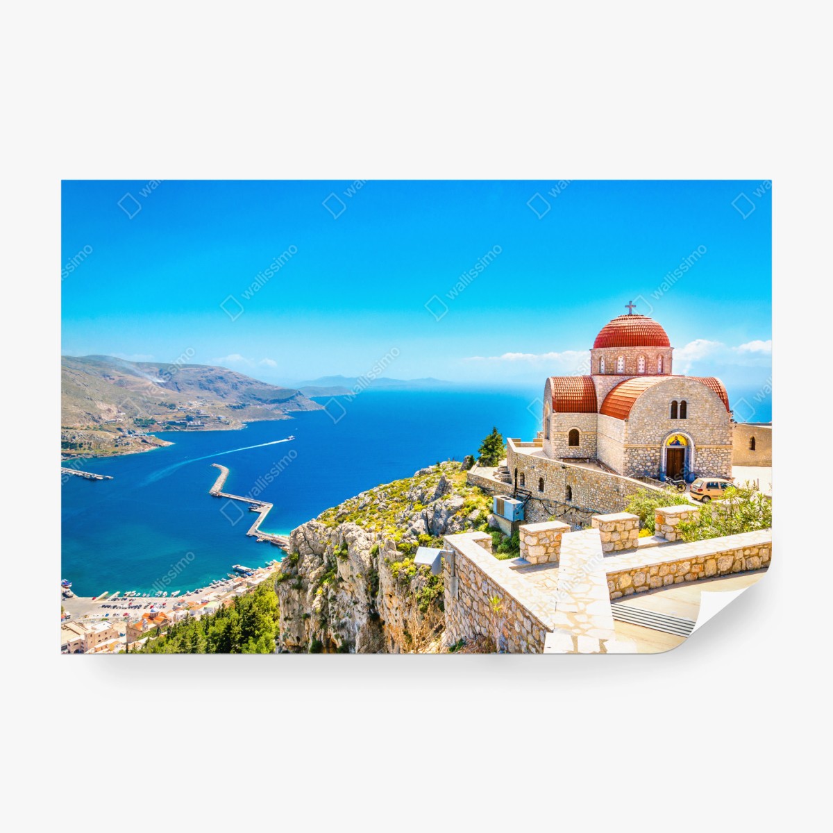 Fototapete griechische kirche auf klippe über dem meer – Wallnifity®