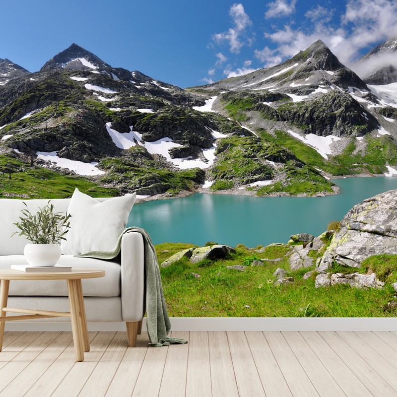 Fototapete bergsee mit türkiswasser und gebirgspanorama – Wallnifity®