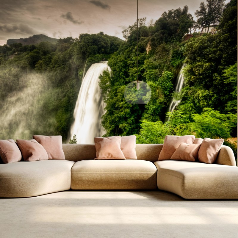 Fototapete Marmore wasserfall in Umbrien: neblige grüne landschaft – Wallnifity®