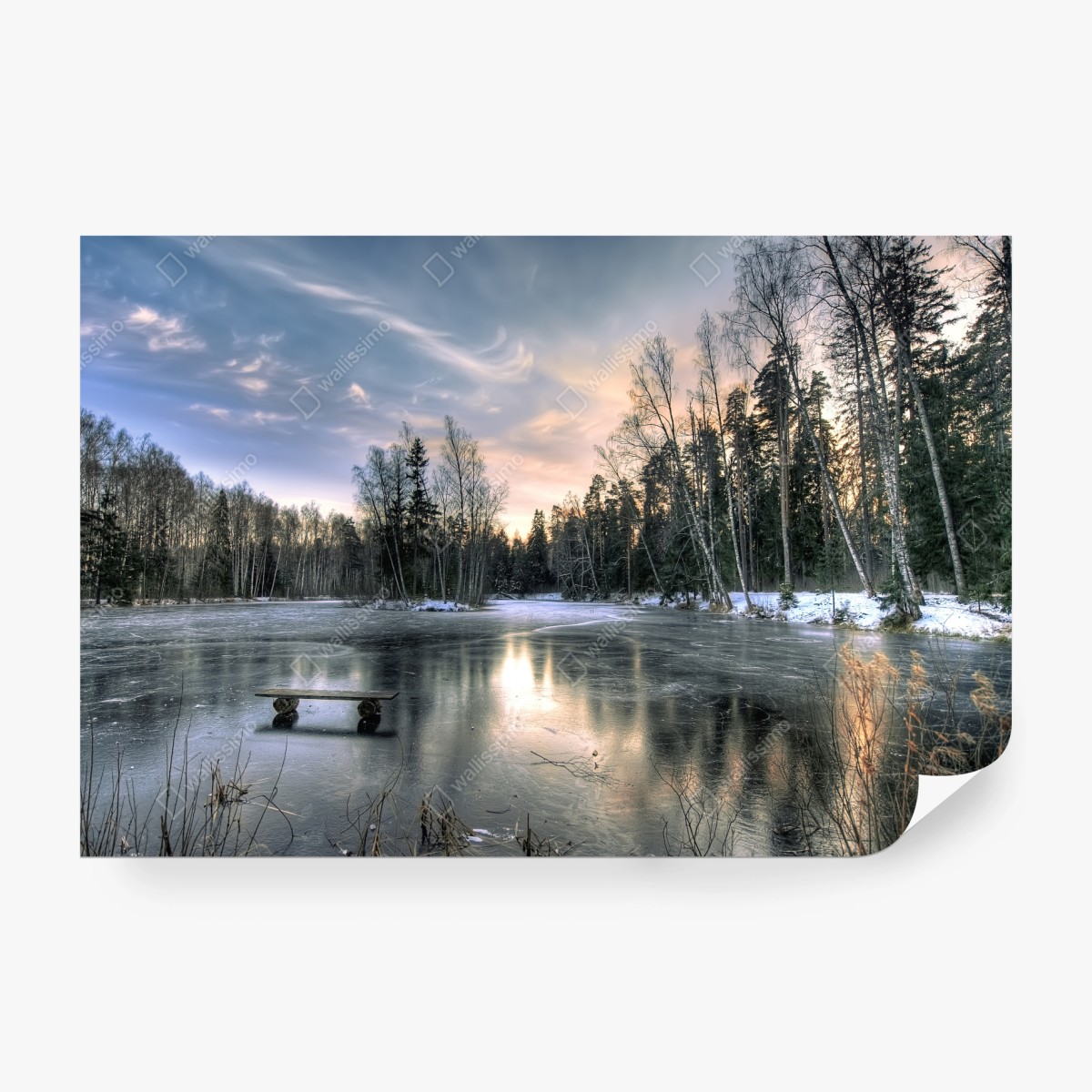 Fototapete vereister see im dämmerlicht mit waldspiegelung – Wallnifity®