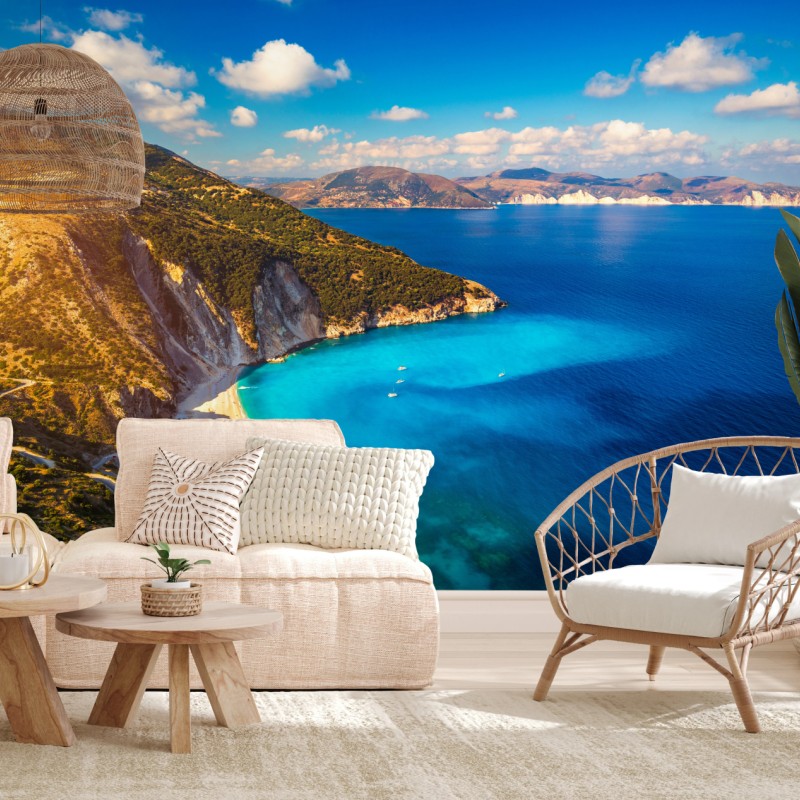 Fototapete sonniges panorama der Myrtos-bucht, Kefalonia – Wallnifity®