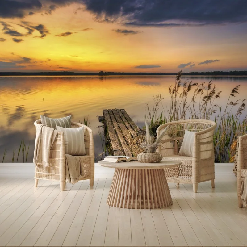 Fototapete goldener sonnenuntergang am see mit steg – Wallnifity®