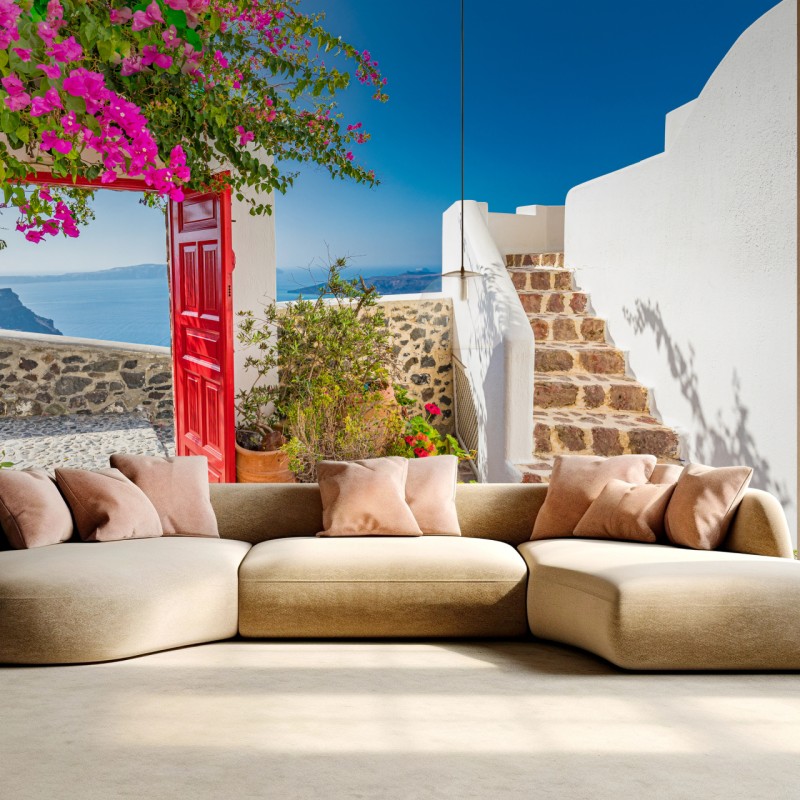 Fototapete sonnenbeschienene mediterrane terrasse mit meerblick – Wallnifity®