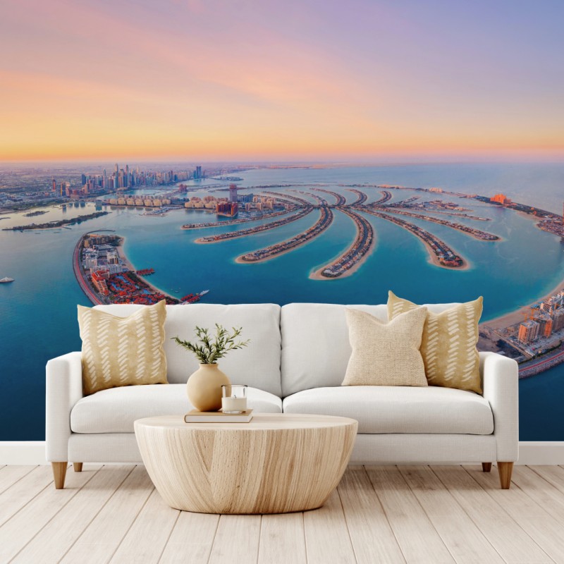Fototapete sonnenuntergang über Palm Jumeirah luftaufnahme – Wallnifity®