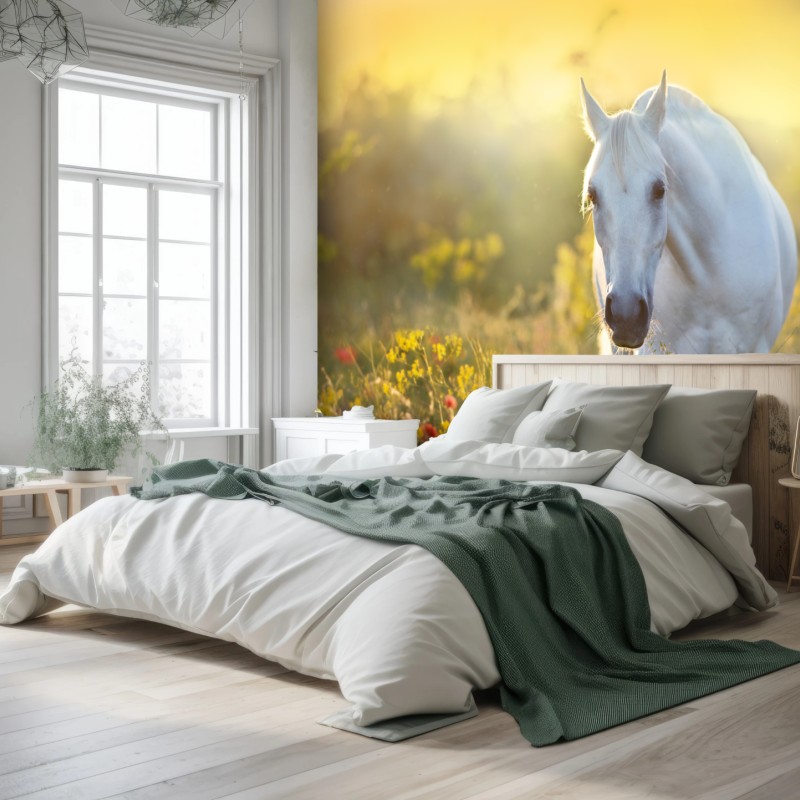 Fototapete weißes pferd im mohnfeld bei sonnenaufgang – Wallnifity®