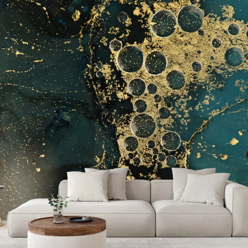 Fototapete türkis-gold abstrakte marmorierte textur – Wallnifity®