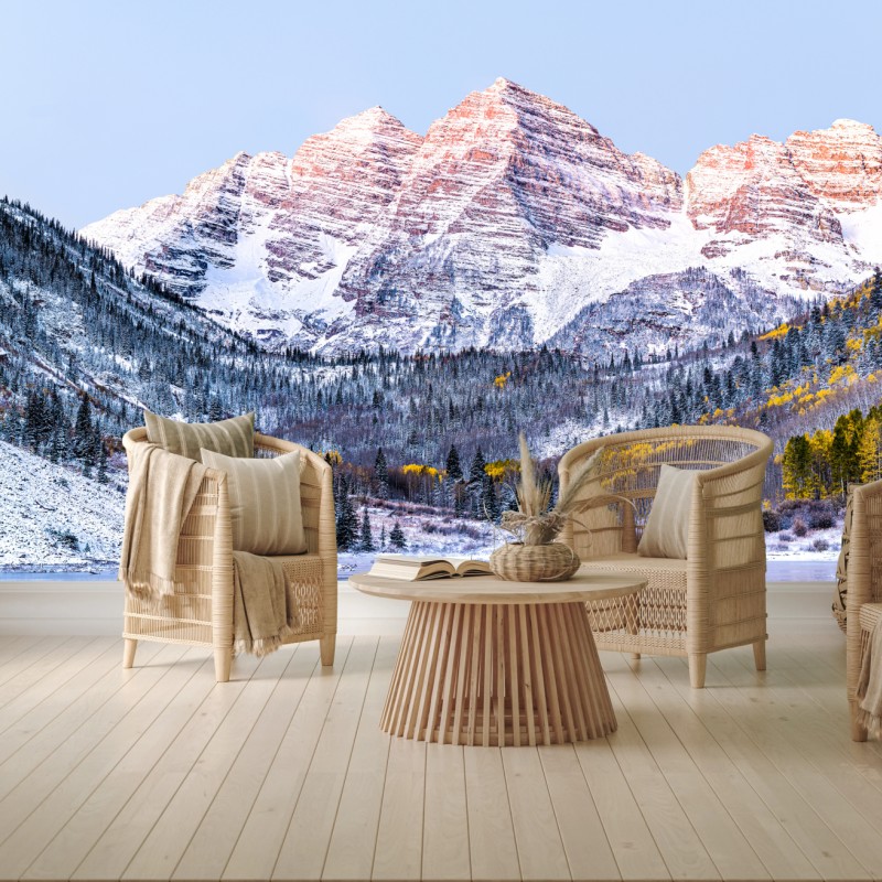Fototapete verschneiter morgen in den bergen am see – Wallnifity®