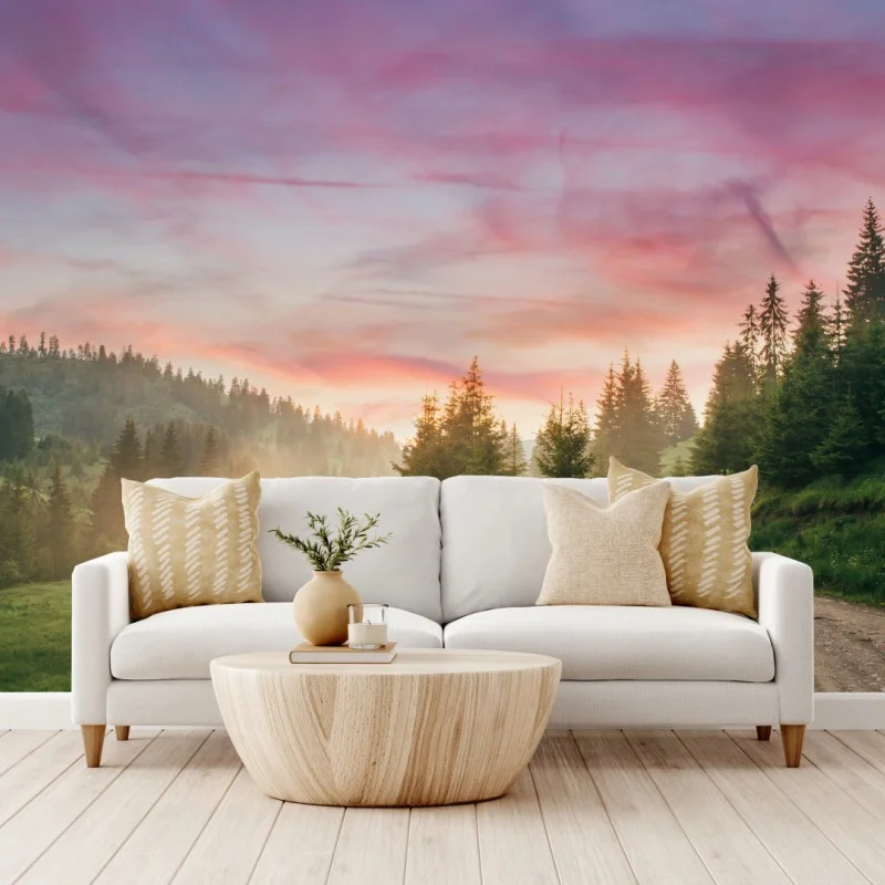 Fototapete nebliger sonnenuntergang im kiefernwald – Wallnifity®