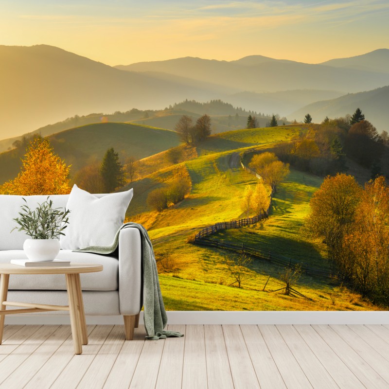 Fototapete goldene herbsthügel bei sonnenuntergang – Wallnifity®