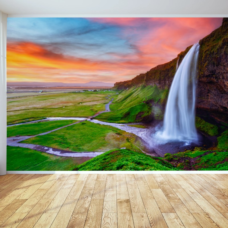 Fototapete wasserfall Seljalandsfoss bei sonnenuntergang – Wallnifity®
