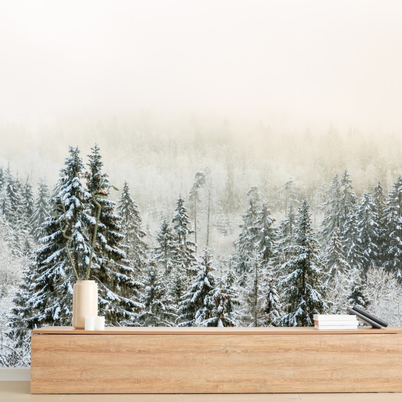 Fototapete verschneiter wald im sanften nebel – Wallnifity®