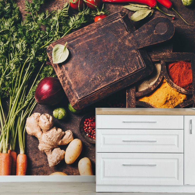 Fototapete rustikales stillleben mit gewürzen und gemüse – Wallnifity®