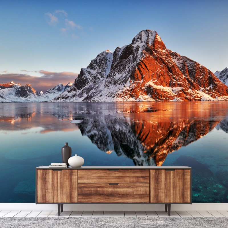 Fototapete Lofoten sonnenaufgang mit bergreflexion – Wallnifity®