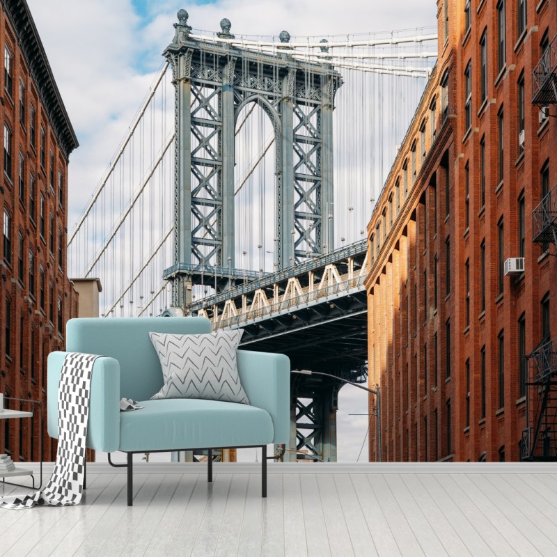 Fototapete Brooklyn brücke eingerahmt von backsteingebäuden – Wallnifity®