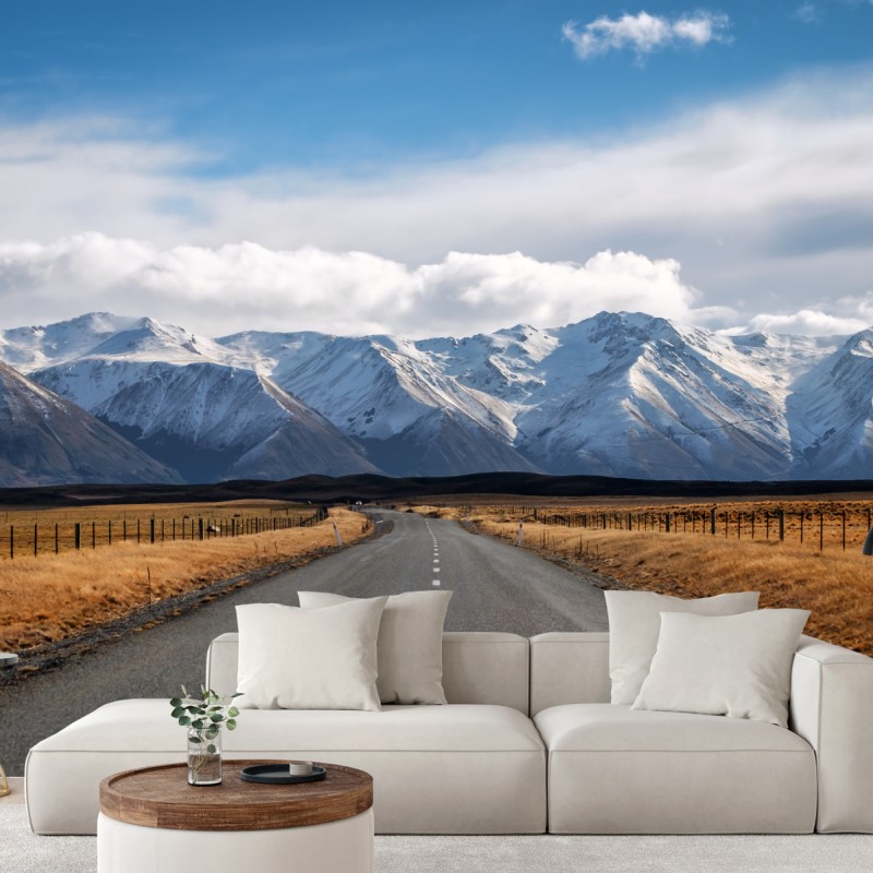 Fototapete straße zur schneebedeckten bergwelt, Neuseeland – Wallnifity®