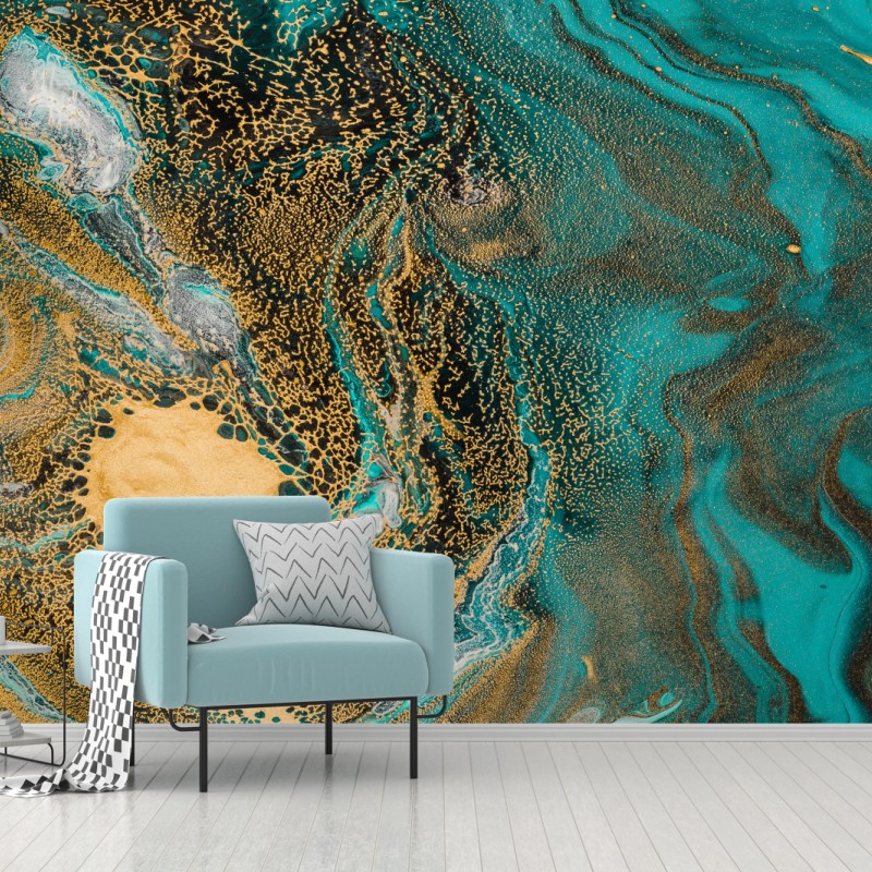 Fototapete türkis und gold fließende abstraktion – Wallnifity®